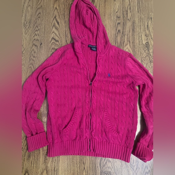 Ralph Lauren sport knit zip jacket hooded hoodie chic preppy boho pink vibrant L - Picture 3 of 6